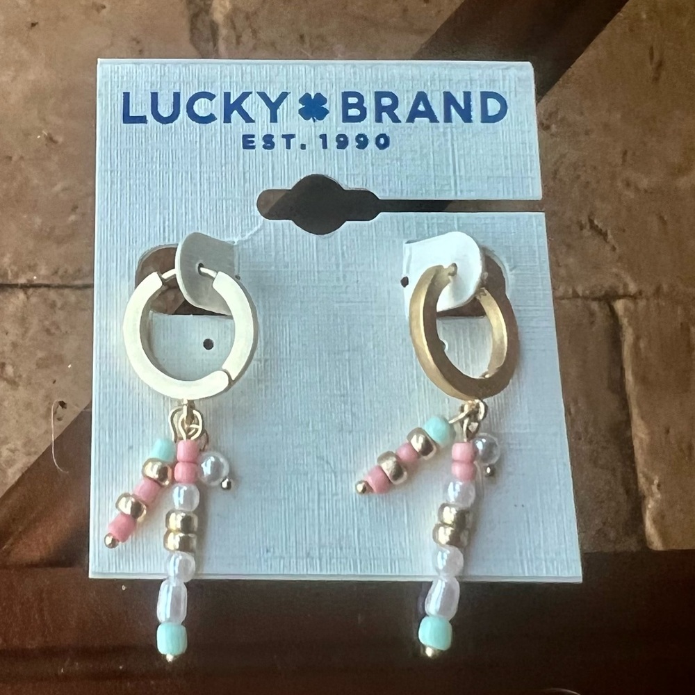 Lucky Brand 🍀 Gold Tone Beaded Charm Huggie Hoop Earrings